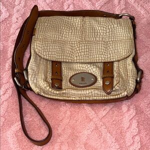 Fossil Cream Croc-Embossed Crossbody with Brown Trim